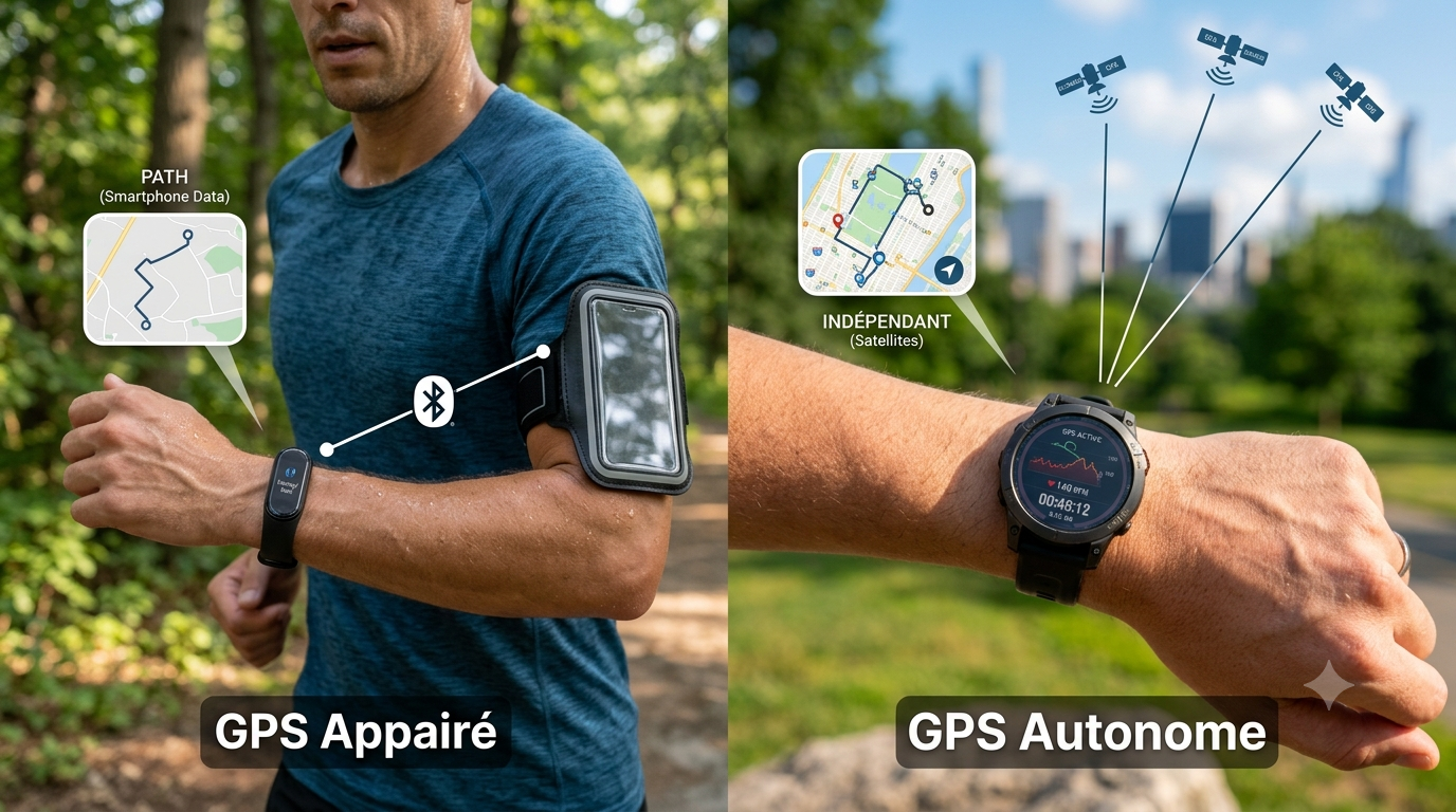 Duel visuel entre le GPS connecté via smartphone et le GPS autonome par satellite pour le sport.